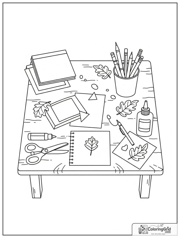 Summer Camp Coloring Pages featuring a camp crafts table with leaves.