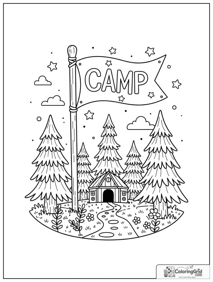 Summer Camp Coloring Pages showing a camp flag between pine trees.