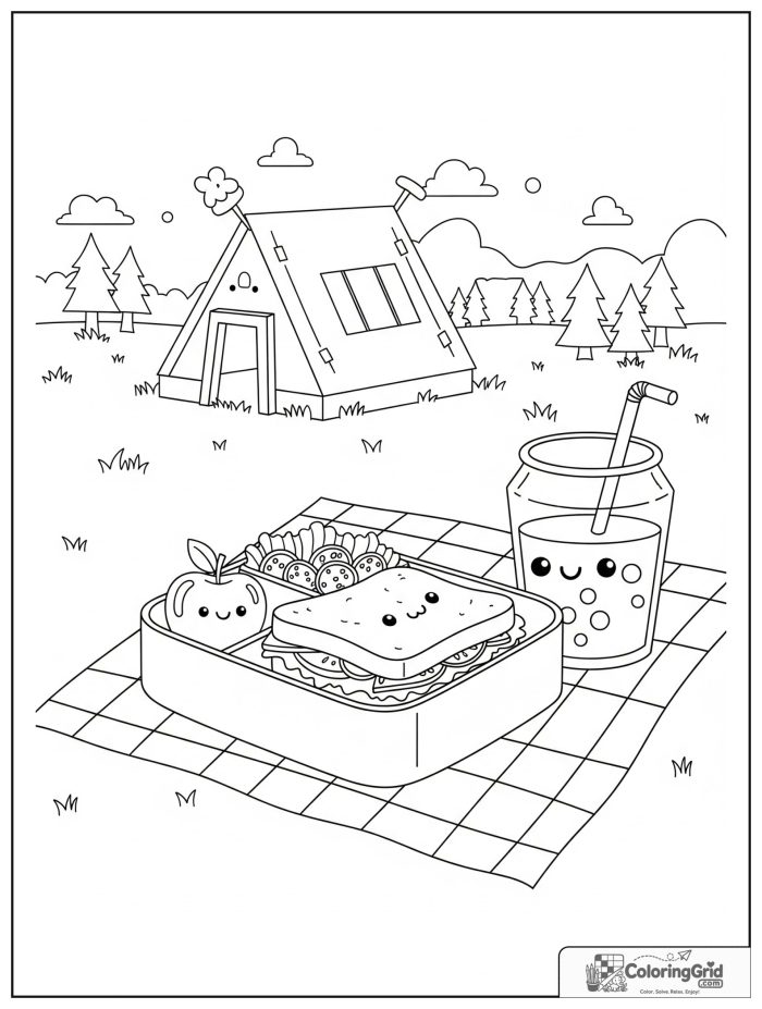 Summer Camp Coloring Pages featuring a camp lunch box picnic scene.