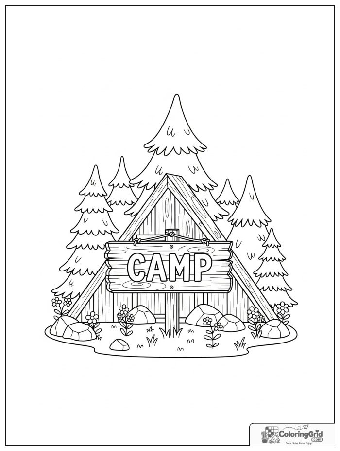 Summer Camp Coloring Pages featuring a camp sign with pine trees.