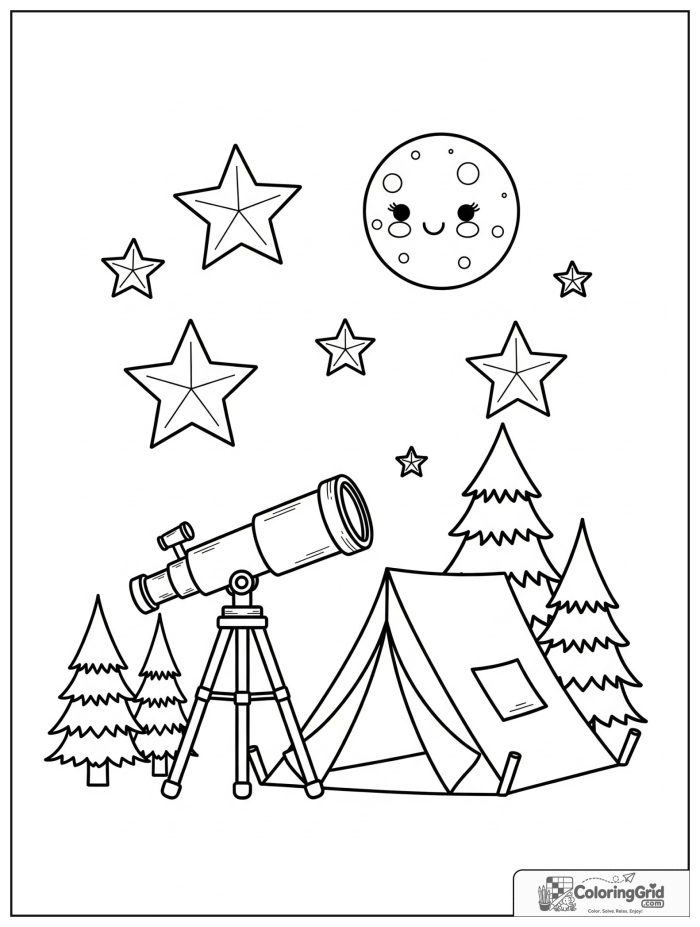 Summer Camp Coloring Pages showing a camp telescope night scene.
