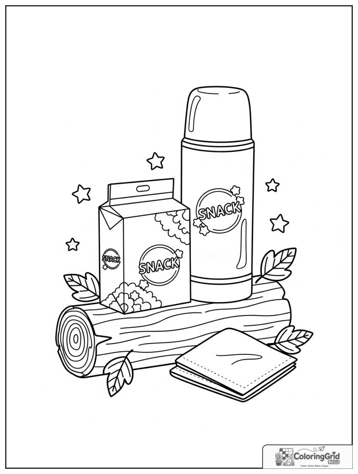 Summer Camp Coloring Pages featuring a thermos and snack scene.