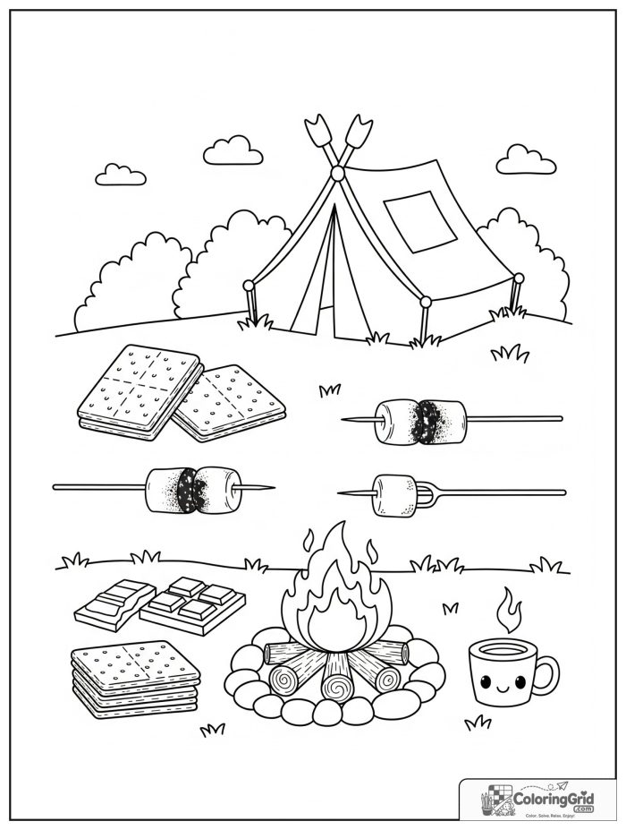 Summer Camp Coloring Pages featuring a campfire smore making scene.