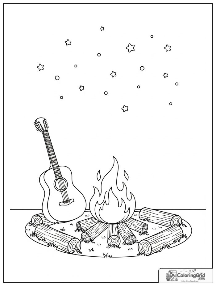 Summer Camp Coloring Pages showing a campfire with a guitar.