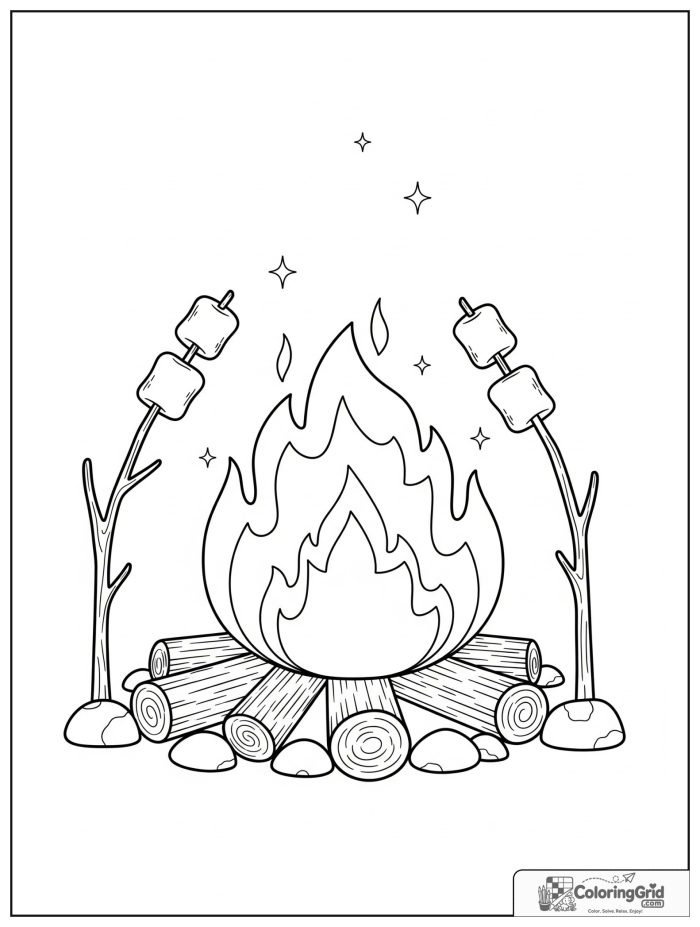 Summer Camp Coloring Pages showing a campfire with roasting marshmallows.