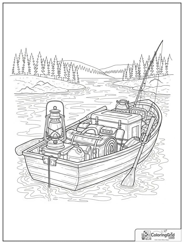 Boat coloring page featuring a camping boat packed with supplies.