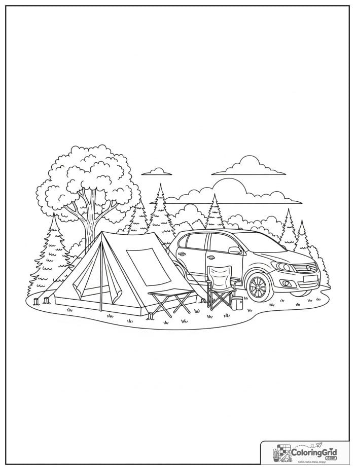 Camping car scene in black and white line art