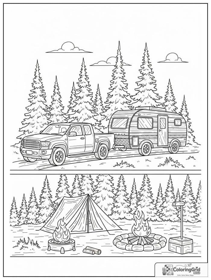 Truck coloring page featuring a pickup truck towing a camping trailer.