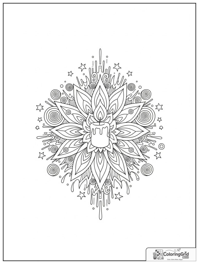 Candlelight calm mindfulness mandala with flame petals and doodle stars