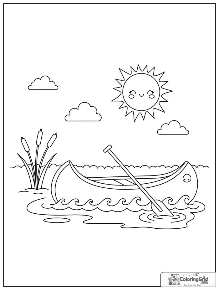Summer Camp Coloring Pages showing a canoe on a calm lake.