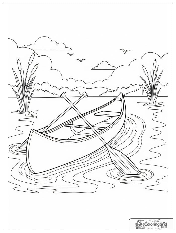 Boat coloring page featuring a canoe with paddles on a lake.