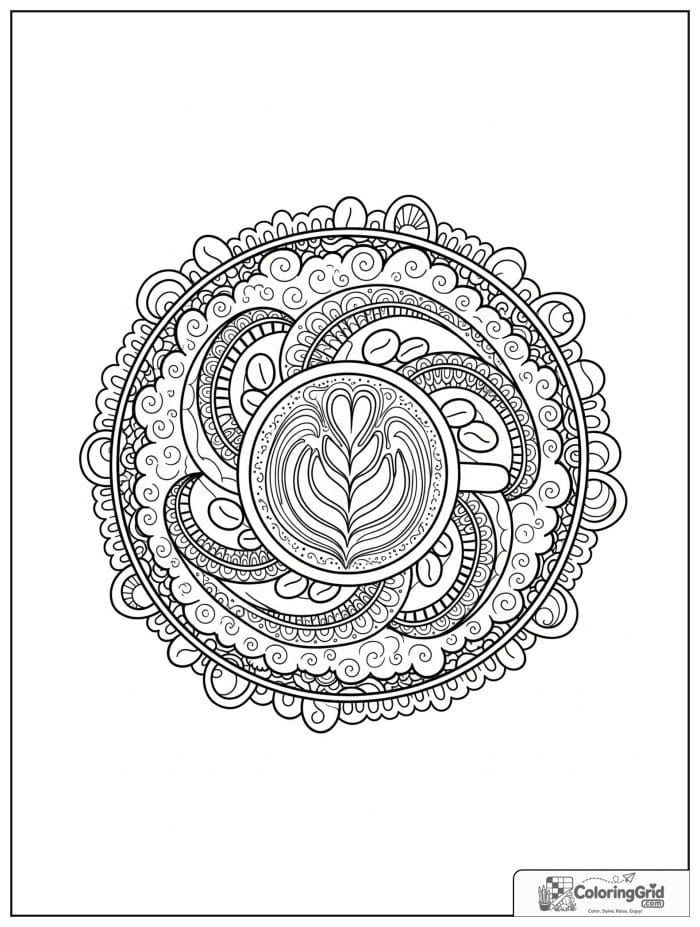 Cappuccino foam swirl mandala with scalloped coffee rings.