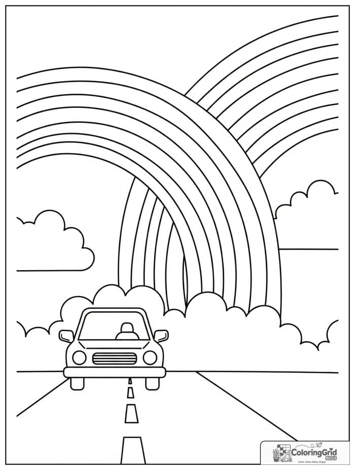 Car on road with rainbow arches in black and white
