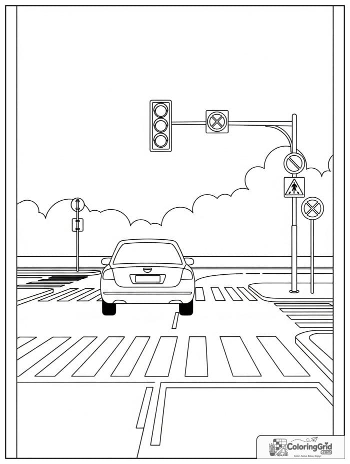 Car at traffic light in black and white illustration