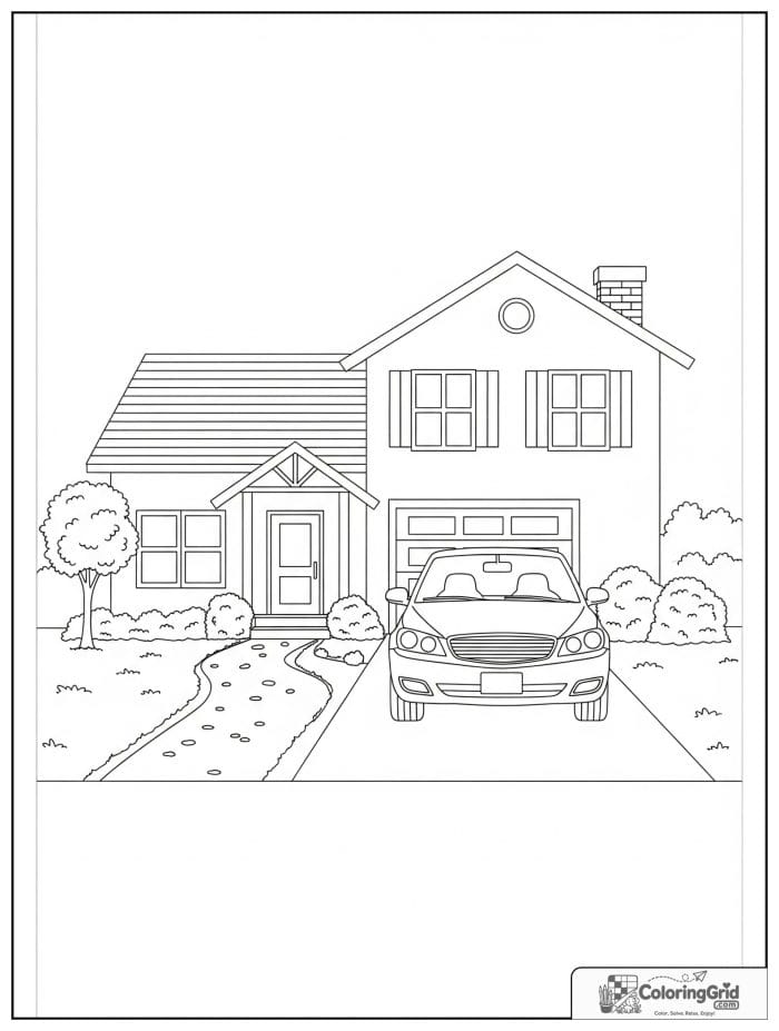 Car at house driveway in black and white