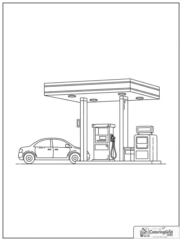 Car at gas station in black and white line art