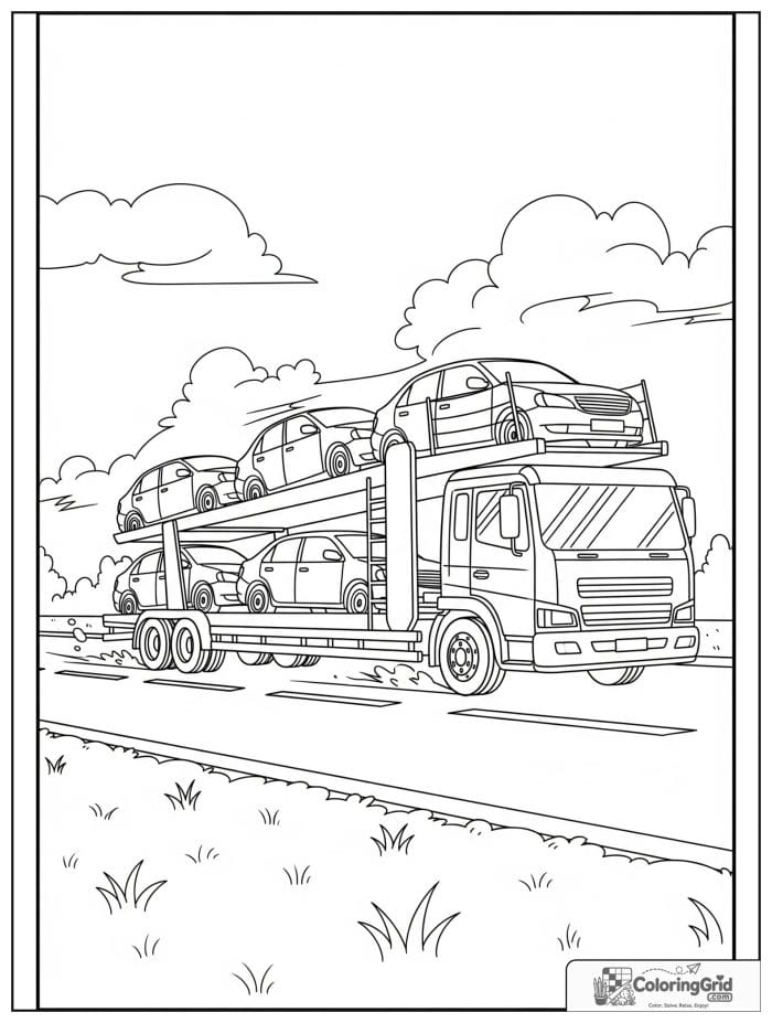 Truck coloring page featuring a car carrier truck on the highway.