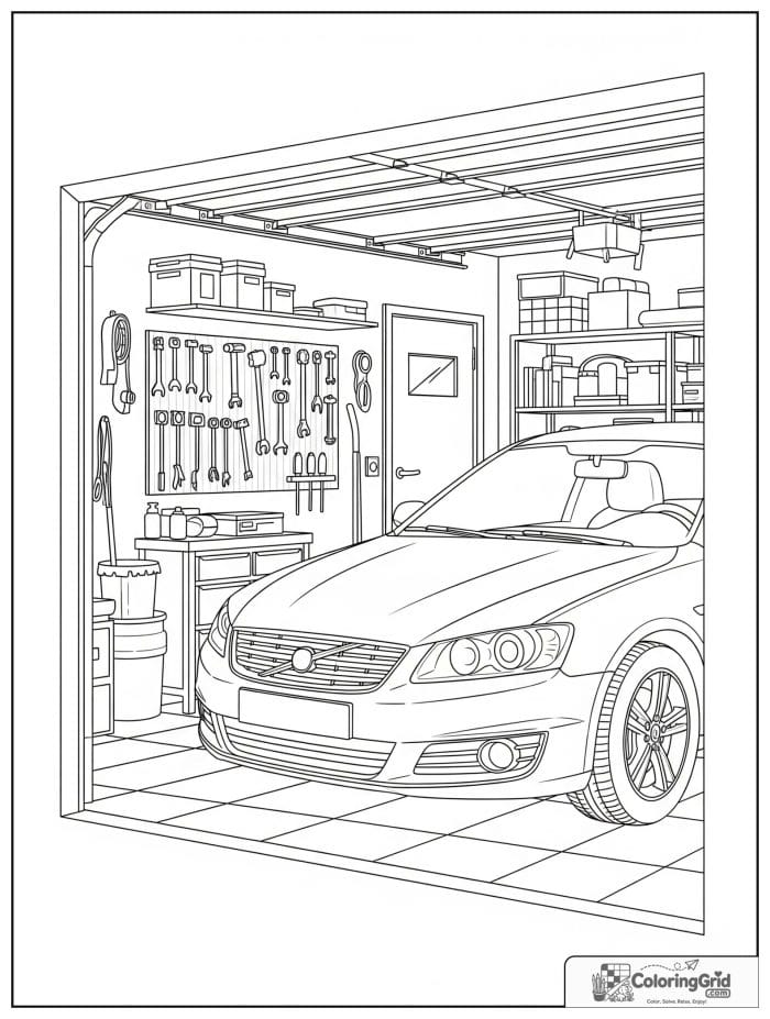 Car in garage black and white illustration