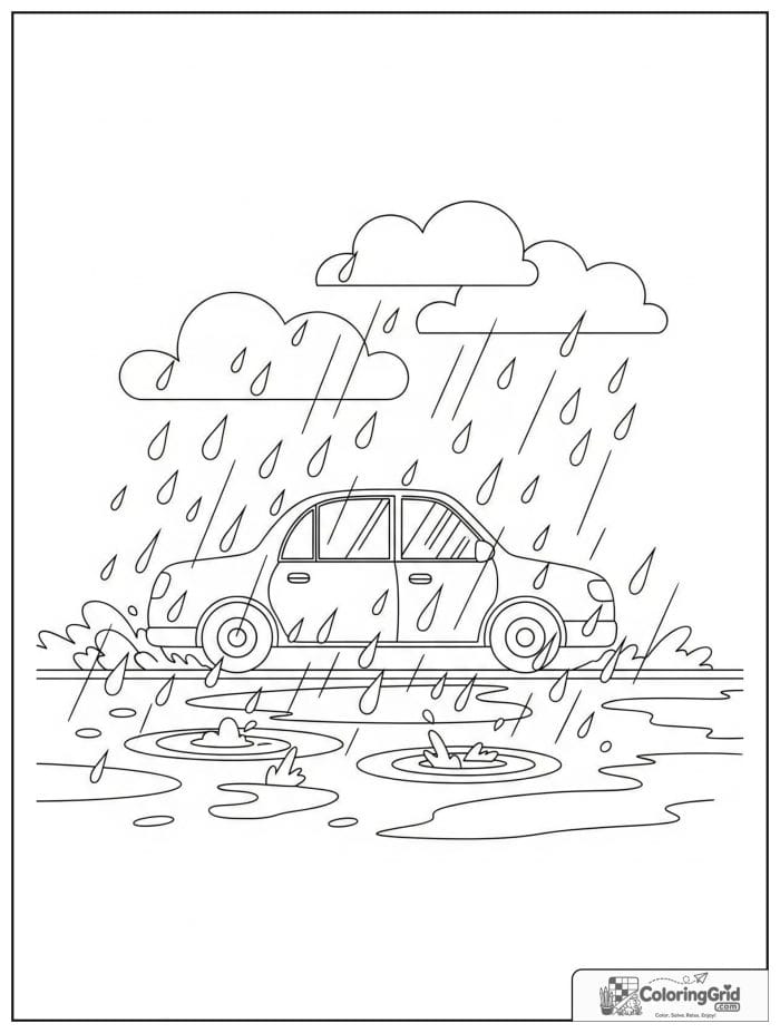 Car in rainy weather black and white drawing