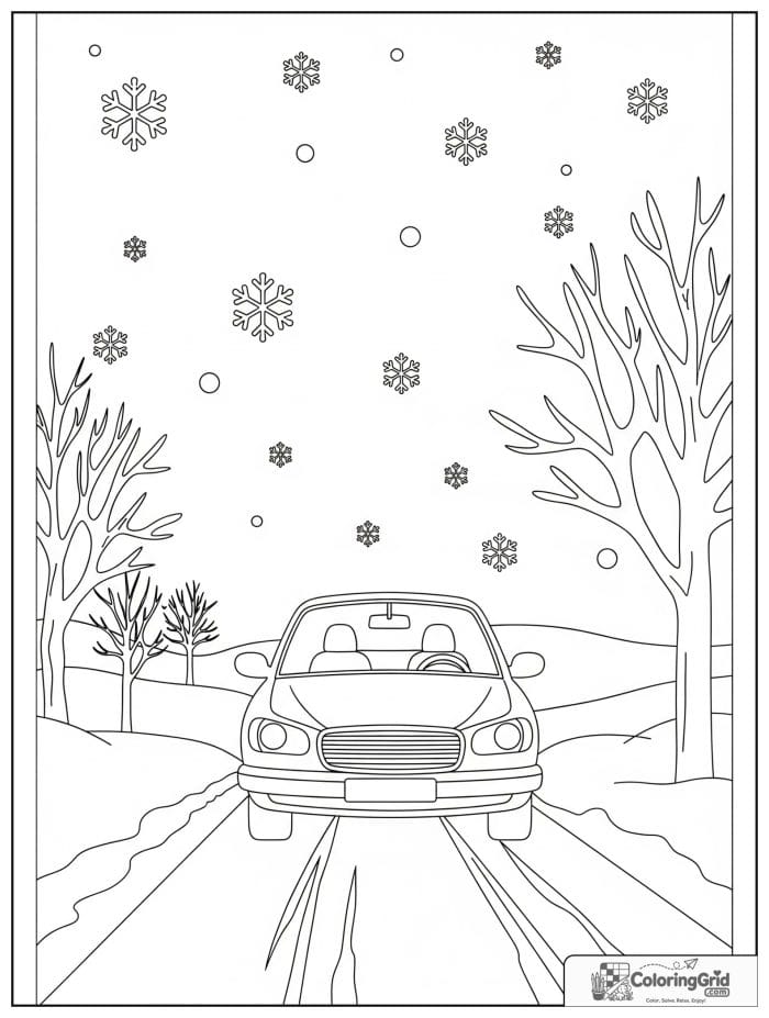 Car in snowy scene black and white line art