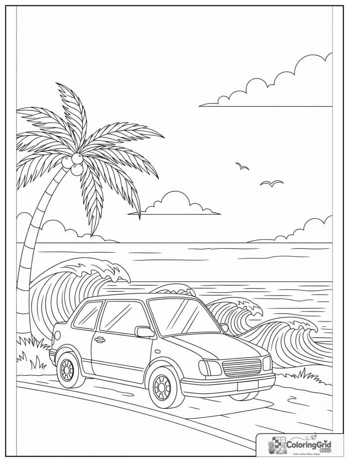 Car near beach in black and white artwork
