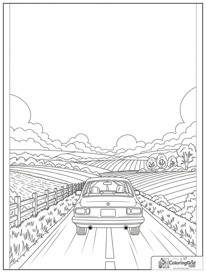 Car on country road in black and white line art