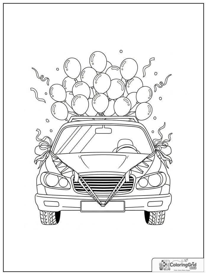 Festive car with balloons in black and white