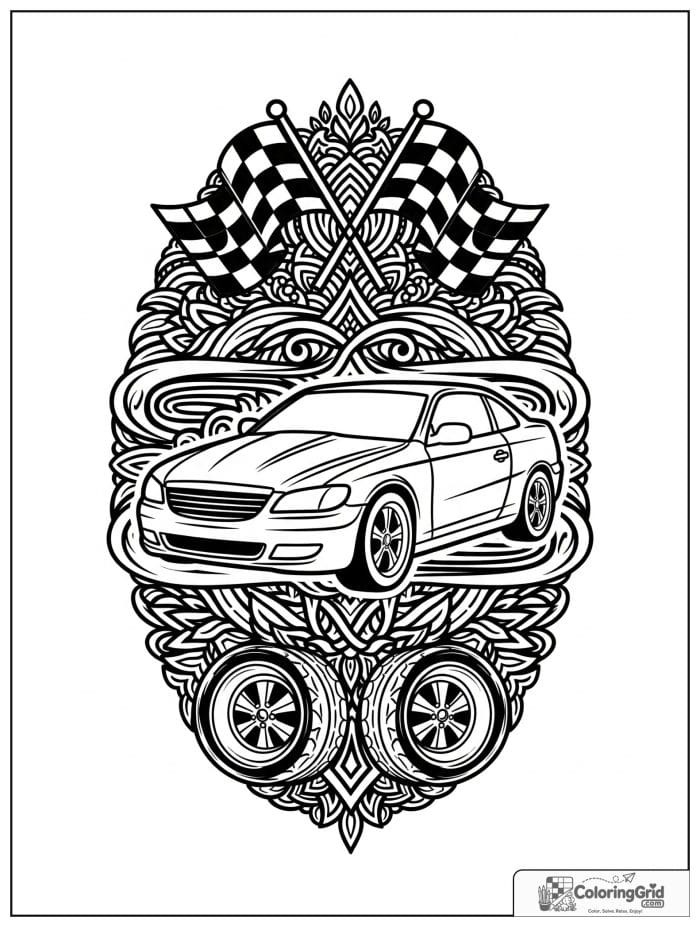 Car with checkered flag border in black and white