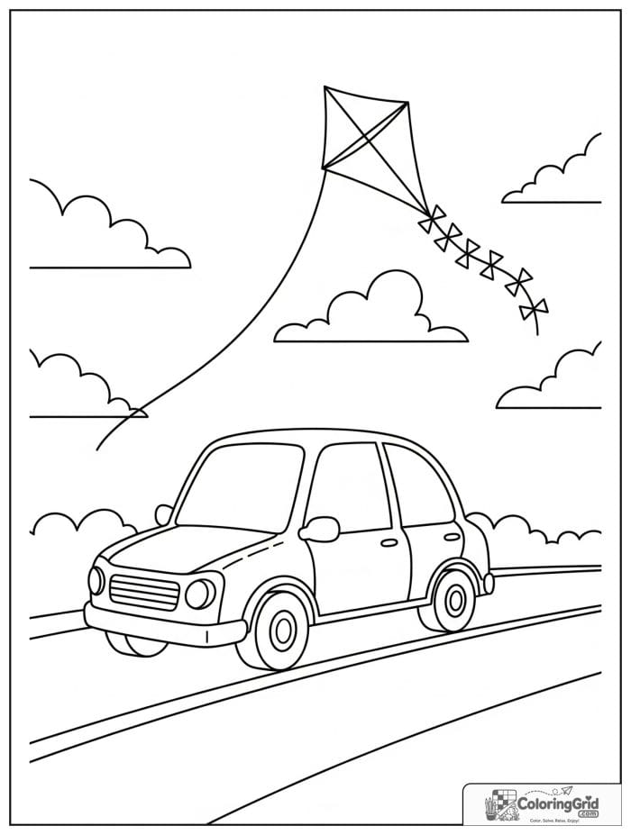 Car with kite in sky black and white illustration