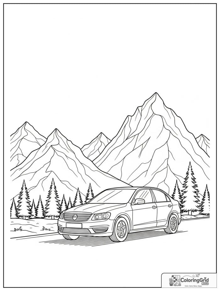 Car with mountain backdrop in black and white