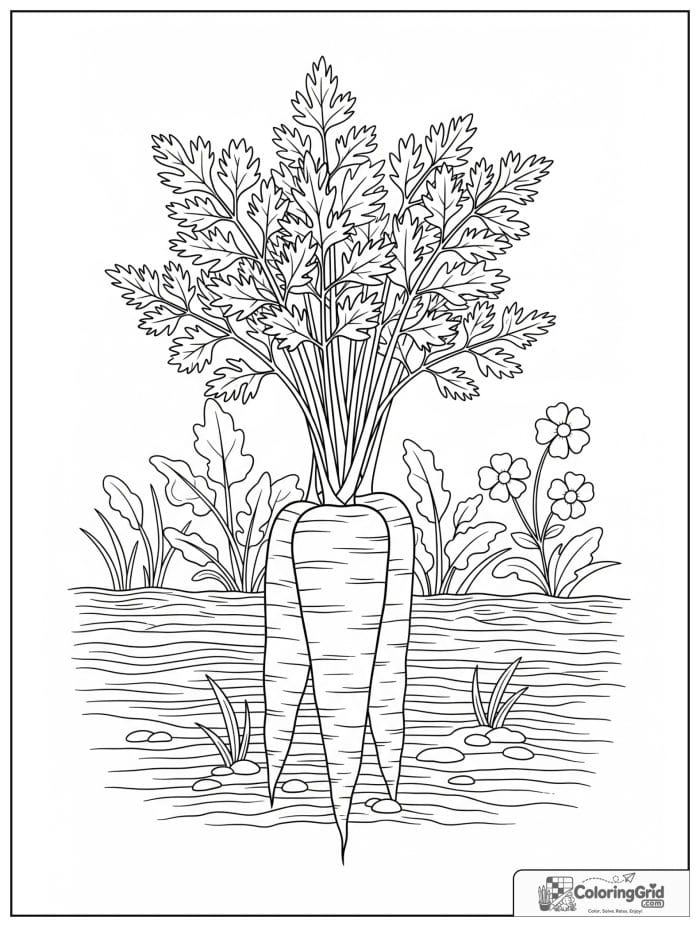 Vegetable coloring page featuring a bunch of carrots growing in a garden row.