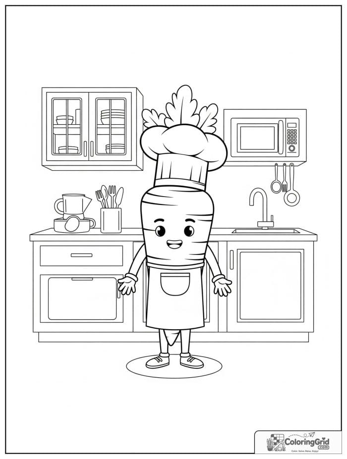 Carrot chef in kitchen black and white illustration