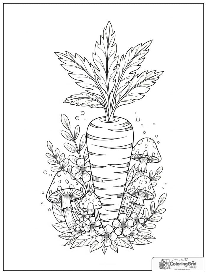 Whimsical carrot fairy garden black and white illustration