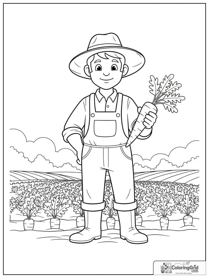 Farmer holding carrot in field line art
