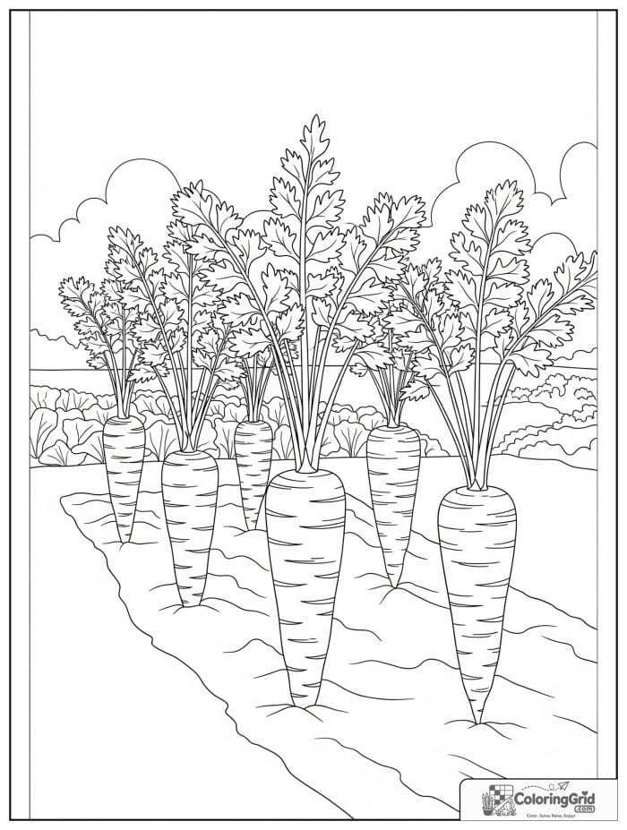 Carrot garden rows scene in black and white