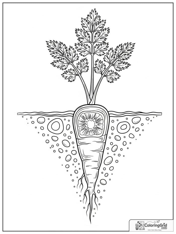 Carrot growing in soil cross section black and white artwork
