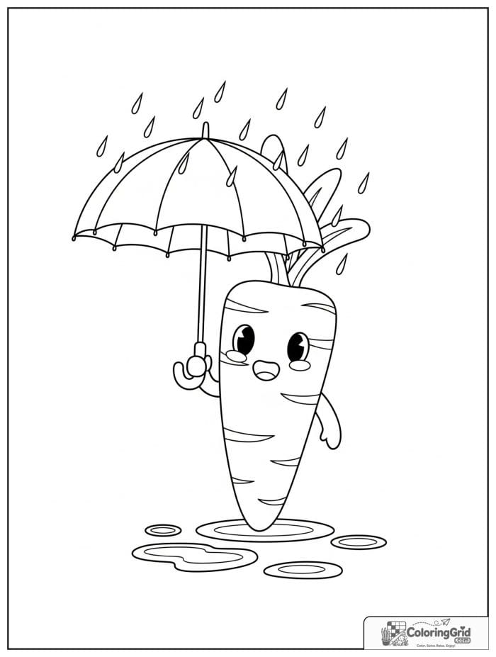 Carrot holding umbrella in rain black and white
