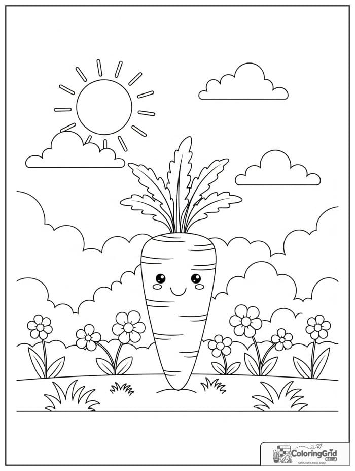 Carrot in sunny garden black and white line art