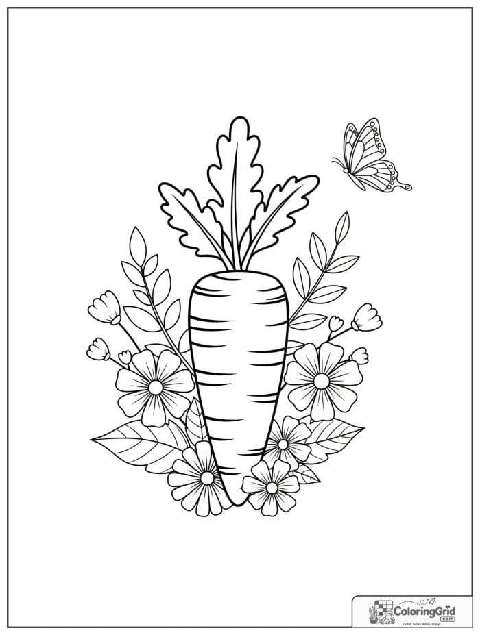 Carrot with butterfly and flowers black and white
