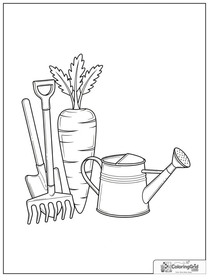 Carrot with garden tools black and white illustration