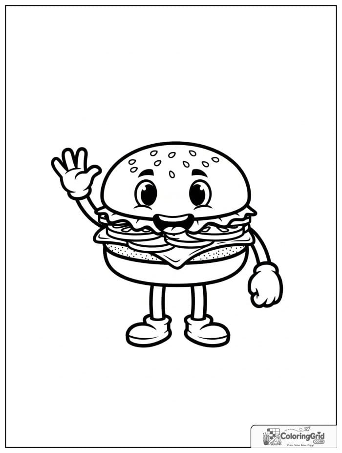 Cartoon hamburger waving for Hamburger Coloring Pages