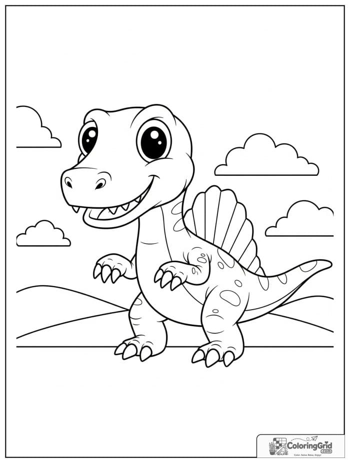 Cartoon spinosaurus with fluffy clouds and a simple hill.