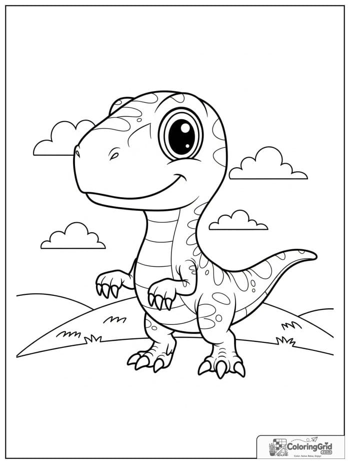 Velociraptor coloring page featuring a cartoon velociraptor with clouds.