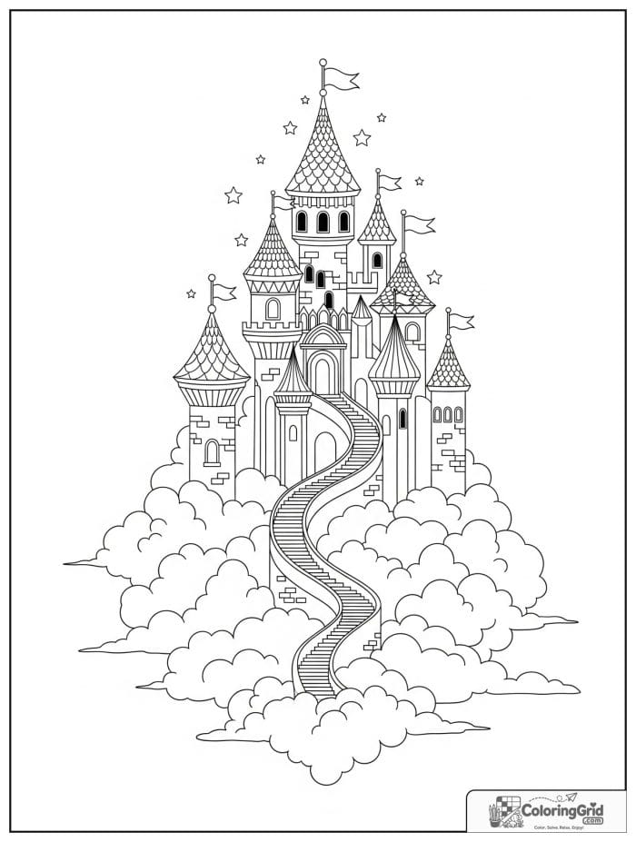 Castle coloring page featuring a castle above the clouds.