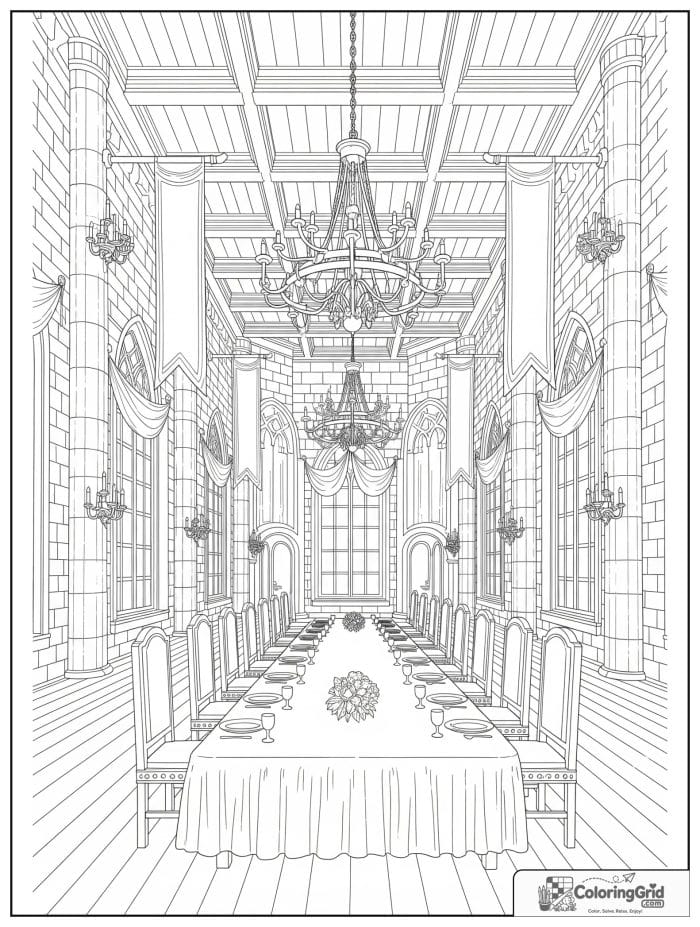 Castle coloring page featuring a banquet hall inside a castle.