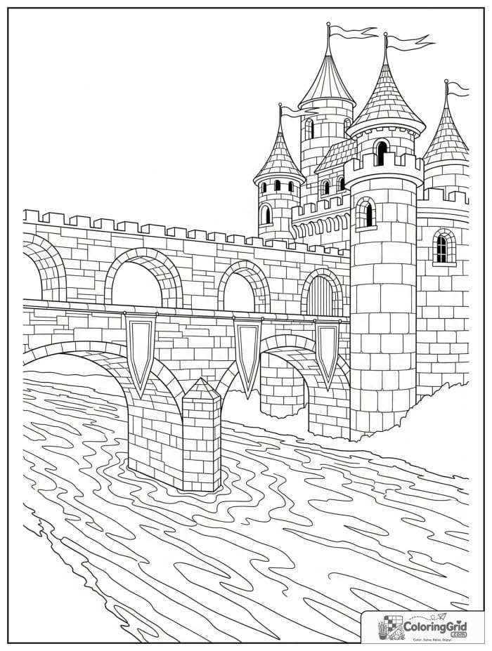 Castle coloring page featuring a castle bridge over a river.