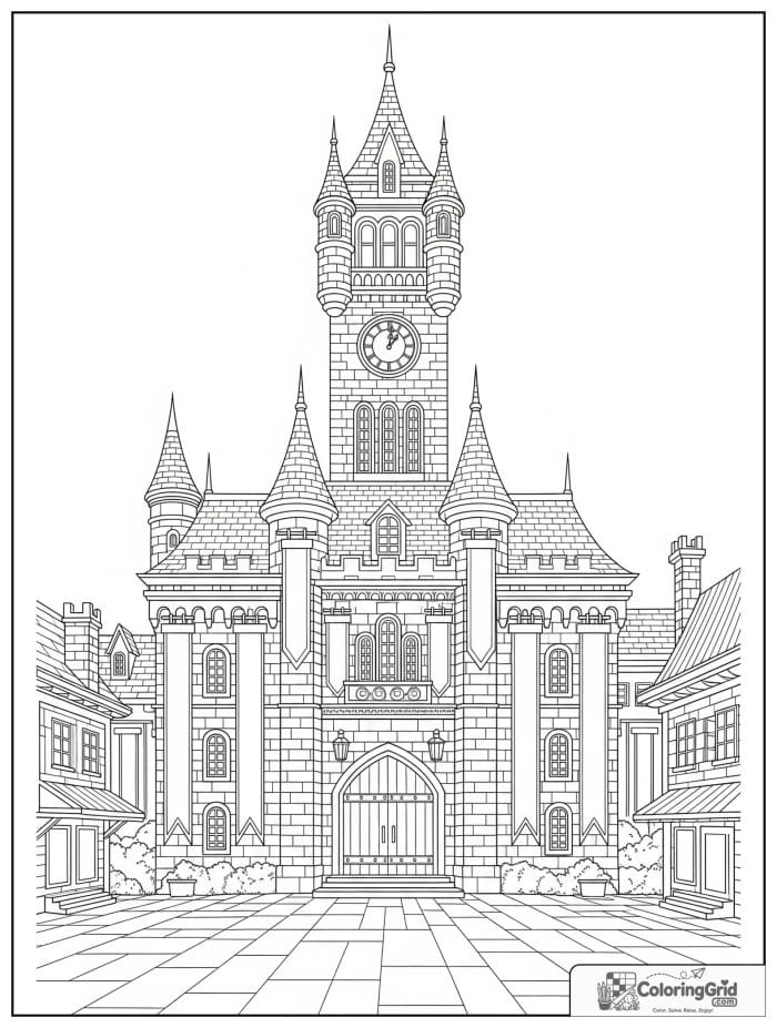 Castle coloring page featuring a grand castle clock tower.