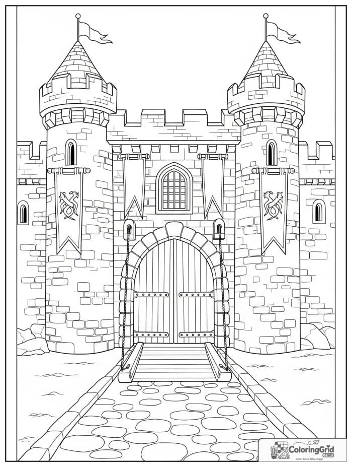 Castle coloring page featuring a drawbridge and front gate.