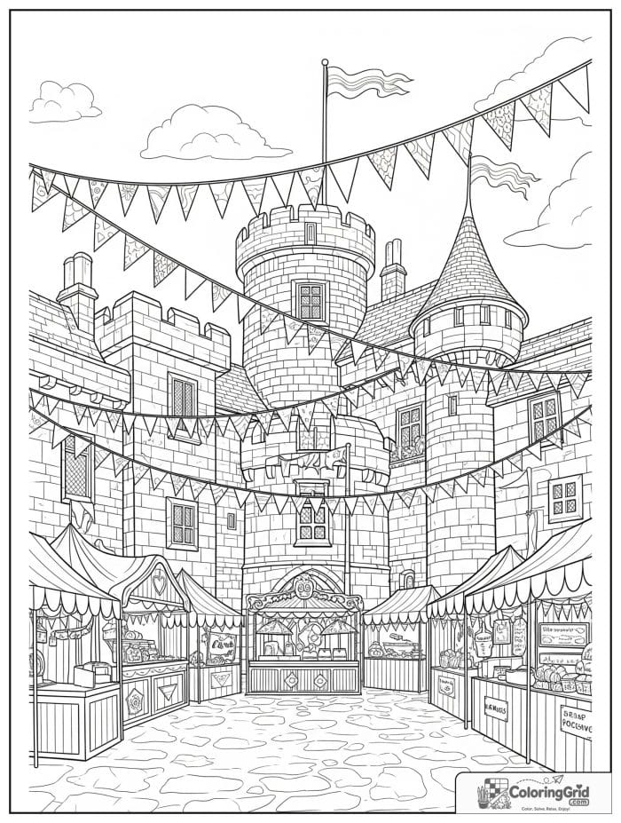Castle coloring page featuring a festival day at a castle.