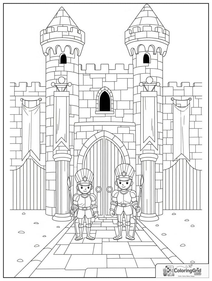 Castle coloring page featuring a castle gate with friendly guards.